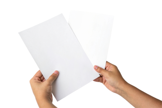 Hands Holding Two Blank White Papers with Transparent Background for Presentation or Design