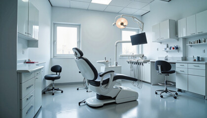 Modern dental clinic interior with examination chair and equipment  