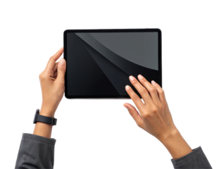 Person Using A Touchscreen Tablet Device With Hands On A Transparent Background