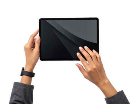 Person Using A Touchscreen Tablet Device With Hands On A Transparent Background