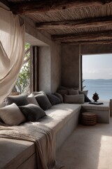 Fototapeta premium Coastal living room with a window seat and natural materials.