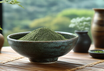 Japanese green tea, matcha powder in a tea bowl