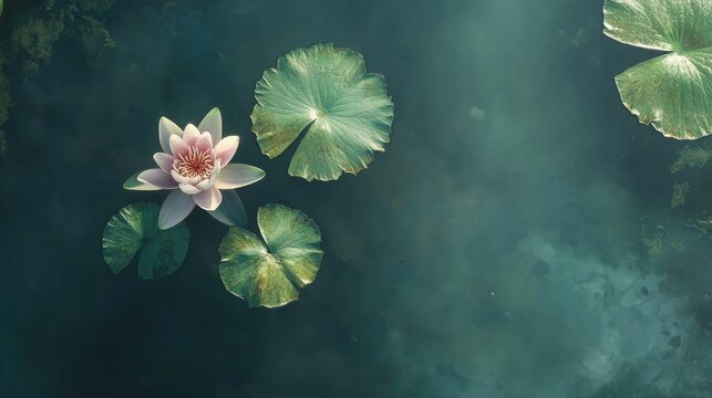 Overhead view of a blooming pale pink lotus flower floating next to a single lily pad in a serene pond