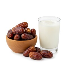 dates and milk set for iftar, ramadan concept , isolated on white background