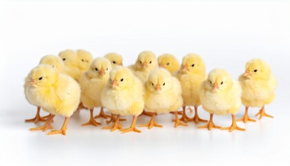 Panorama of brood little yellow chicks isolated on white background. Farm incubator