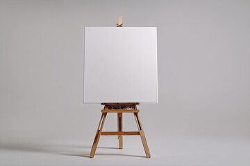A blank white canvas rests on a small, light-brown wooden easel against a neutral gray backdrop