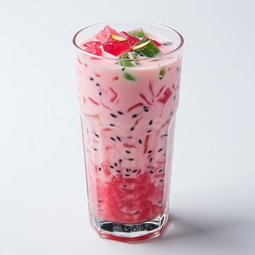 falooda dessert in tall glass with basil seeds and jelly , isolated on white background