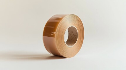 Roll of packing tape with brown tint on a clean off-white background, shot from an angle