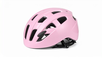 Fototapeta premium Pink bicycle helmet with clasp isolated on white background. Headgear for safe ridin
