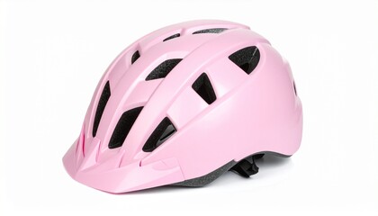 Fototapeta premium Pink bicycle helmet with clasp isolated on white background. Headgear for safe ridin
