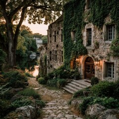 Fototapeta premium Old stone building covered with ivy sits along a river at sunset evening.