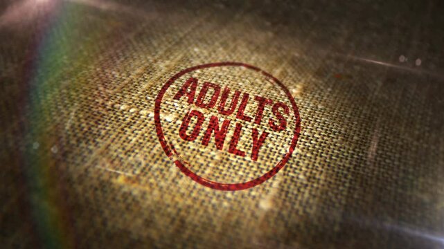 Adults only 18 plus age prohibition sign stamp on natural linen sack. Under eighteen restricted 3D  design abstract concept. Looped and seamless animation.