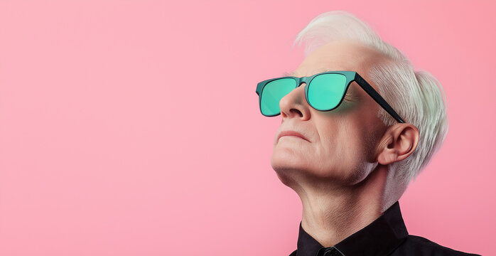 retrato de moda retr&ocirc; de homem de cabelos brancos com &oacute;culos de sol verde-&aacute;gua em fundo rosa pastel