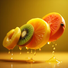 Fresh Slices of Exotic Fruits Suspended Mid-Air with Golden Background Glow