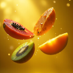 Tropical Fruit Explosion – Fresh Kiwi, Papaya, and Mango in Mid-Air Splash Against Vibrant Yellow Background