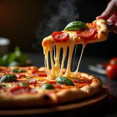 Hot Pepperoni Pizza with Stretching Mozzarella and Fresh Basil – Tempting Cheese Pull Moment