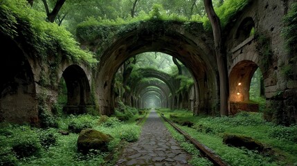 Naklejka premium Ancient stone aqueduct overgrown with lush foliage in a mystical forest
