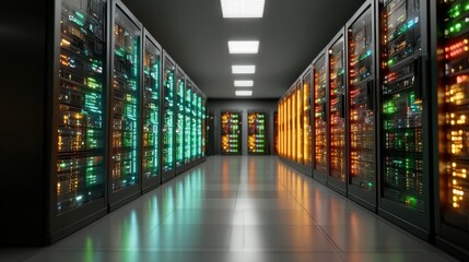 A long server room corridor with multiple racks with glowing colorful lights