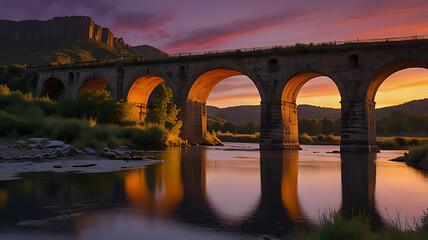 Fototapeta premium Historic stone bridge with arches over a calm river