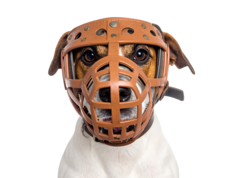 A dog wearing a brown leather muzzle looks directly forward.