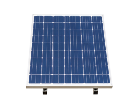 A blue solar panel with a grid of photovoltaic cells in a rectangular frame.