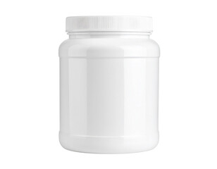White plastic jar with a screw-on lid, commonly used for storing supplements, protein powder, or other food products.