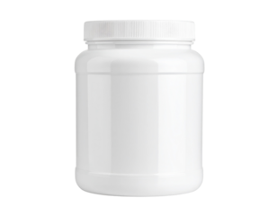 White plastic jar with a screw-on lid, commonly used for storing supplements, protein powder, or other food products.