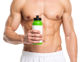Muscular man holding a green water bottle, displaying a fit and athletic physique.