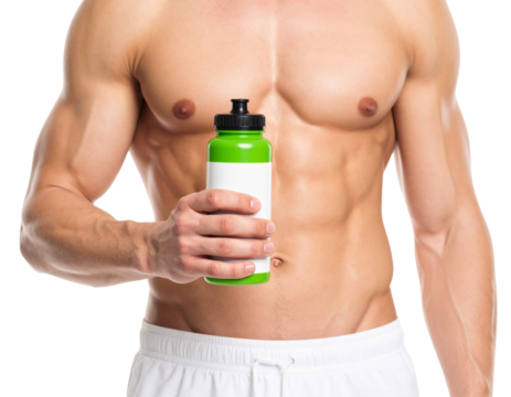 Muscular man holding a green water bottle, displaying a fit and athletic physique.