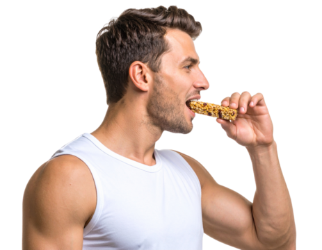 Athletic man eating a granola bar while wearing a sleeveless white shirt.