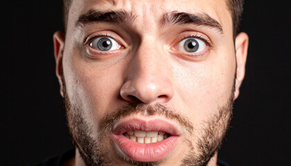 Close up de la cara de un hombre joven con expresi&oacute;n y cara de miedo sorpresa o terror y los ojos muy abiertos sobre fondo negro