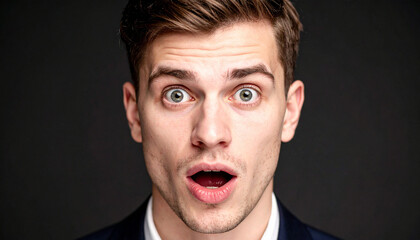 Close up de la cara de un hombre joven con expresi&oacute;n y cara de miedo sorpresa o terror y los ojos muy abiertos sobre fondo negro