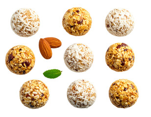 Fototapeta premium Nine energy balls with oats, nuts, and coconut, arranged in a grid with two almonds and a green mint leaf.