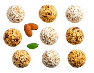 Nine energy balls with oats, nuts, and coconut, arranged in a grid with two almonds and a green mint leaf.