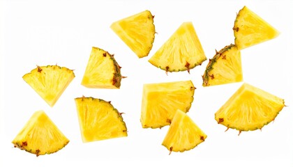 Naklejka premium Fresh juicy tropical fruit pineapple flying isolated on white background. Sliced ana 