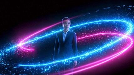 Professional woman in a suit surrounded by vibrant blue and pink light trails, symbolizing innovation and technology - Powered by Adobe
