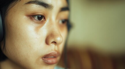 Asian woman's introspective portrait with a downcast gaze and subtle emotion