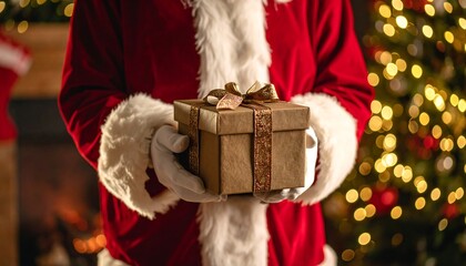 Santa holds Christmas gift.