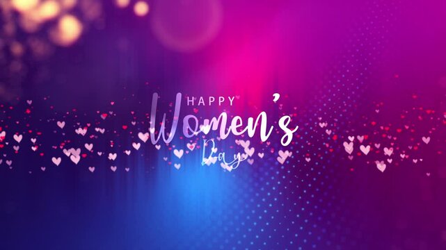 Happy Women's Day Magical cinematic trailer title. 4K 3D rendering Happy Women's Day neon glow text with beautiful magic heart particles flow up background. 