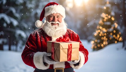 Santa holds gift with snowy forest.