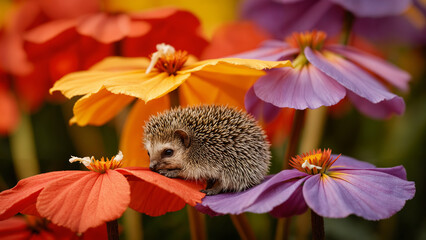 Ultra-detailed macro photograph of a miniature real hedgehog curled between colorful flower petals, each towering above it like umbrellas.