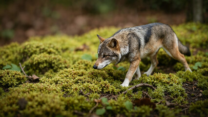 Photorealistic macro photograph of a miniature real grey wolf, no taller than a pine needle, walking cautiously through dense green moss that appears like a vast forest from its perspective. 