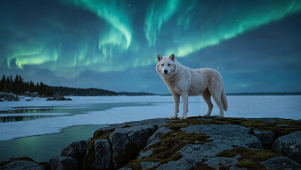 Majestic white wolf standing on a moss-covered cliff during twilight, with the northern lights swirling in the sky above.