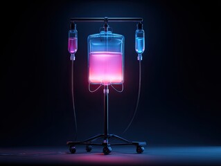 Glowing pink and blue intravenous solution bag on a rolling stand against a dark background, illuminated with vibrant neon light