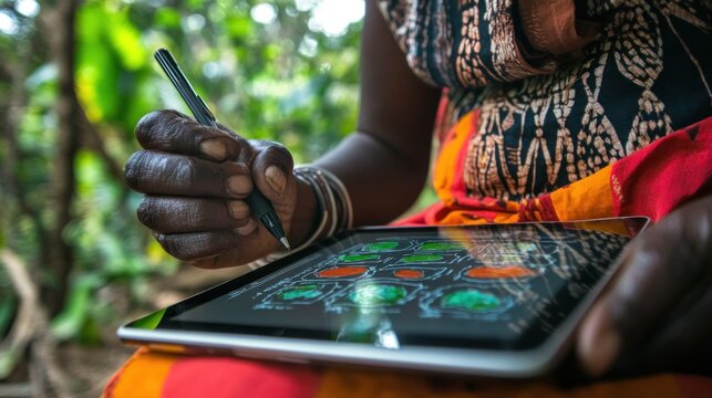 Woman using tablet in nature