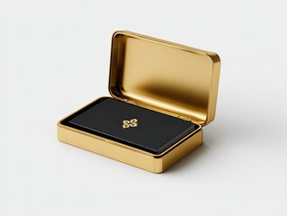 A sleek, gold rectangular case rests ajar, revealing a black card with a gold emblem inside.  Subtle shadows enhance the metallic sheen