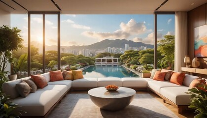 Obraz premium Luxury Living Room with Stunning Mountain and City View