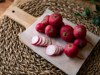 Fresh organic Red radish. fresh vegetables radish sliced copy space.