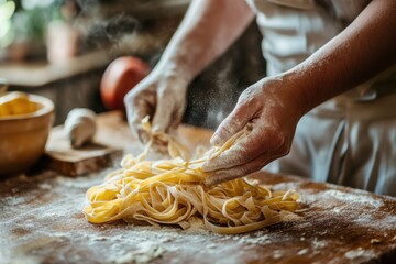 Hands of a chef skillfully preparing fresh pasta on a wooden countertop, surrounded by flour, with a bowl of ingredients and a warm kitchen atmosphere enhancing the culinary experience