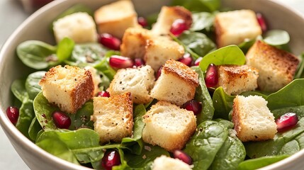 Close up of a spinach salad with croutons and pomegranate seeds in a white ceramic bowl view from above